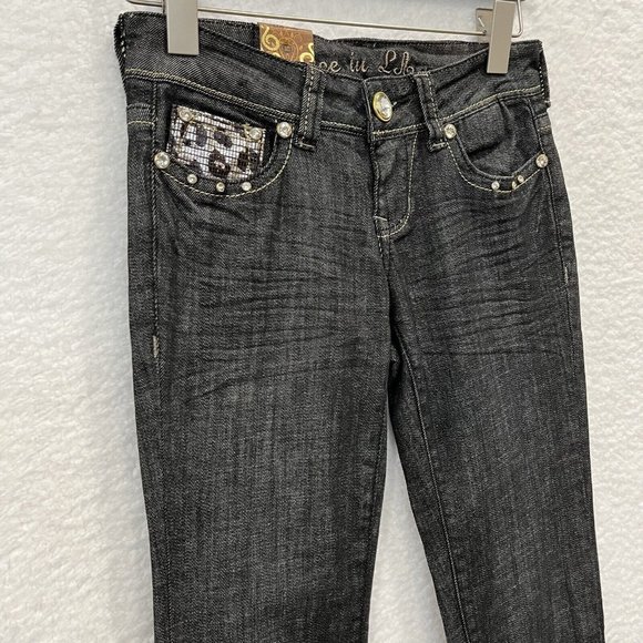 Grace in LA Women's Y2K Stunned Rhinestone Skinny Jeans Size 0/23 Black NWT - Picture 3 of 12